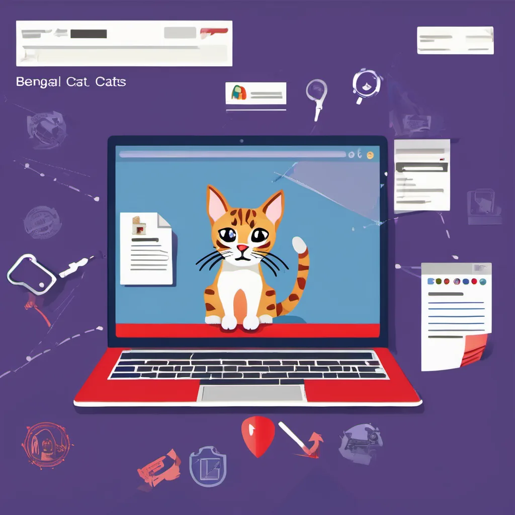 Computer screen displaying a Google search result for "Are Bengal cats legal in Australia," with red warning signs and broken lock icons surrounding it. Scattered papers with personal data like names, addresses, and credit card numbers emphasize the risk of data theft.