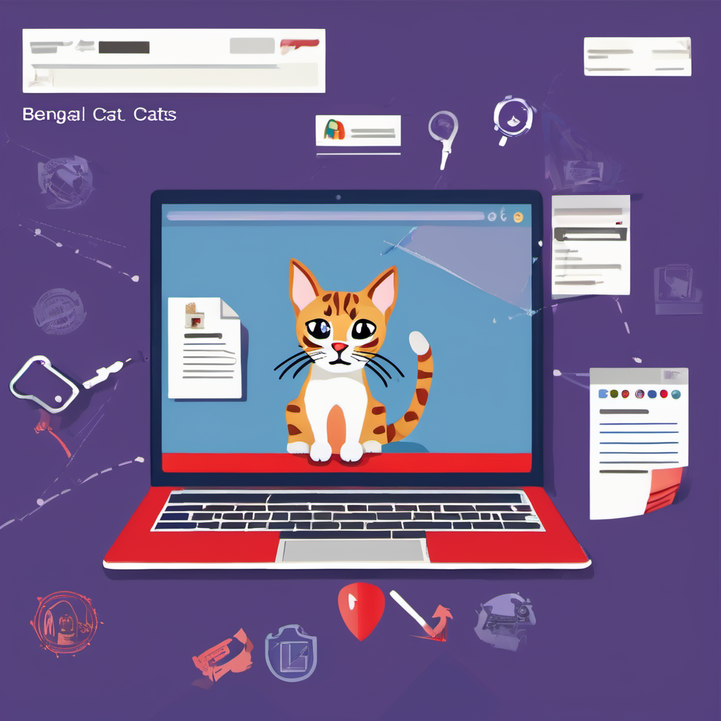 Computer screen displaying a Google search result for "Are Bengal cats legal in Australia," with red warning signs and broken lock icons surrounding it. Scattered papers with personal data like names, addresses, and credit card numbers emphasize the risk of data theft.