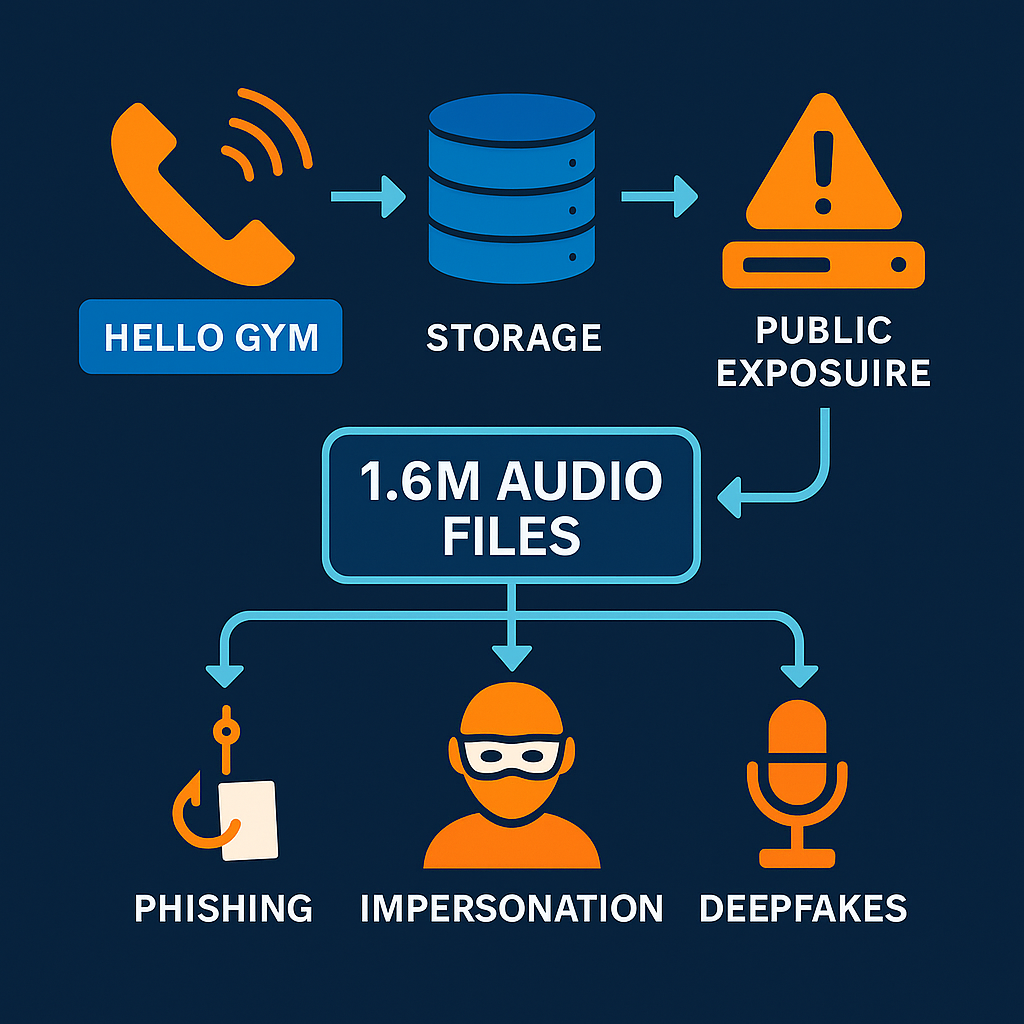 Infographic showing how Hello Gym stored 1.6M audio files unsecured, exposing them to risks of phishing, impersonation, and deepfakes.